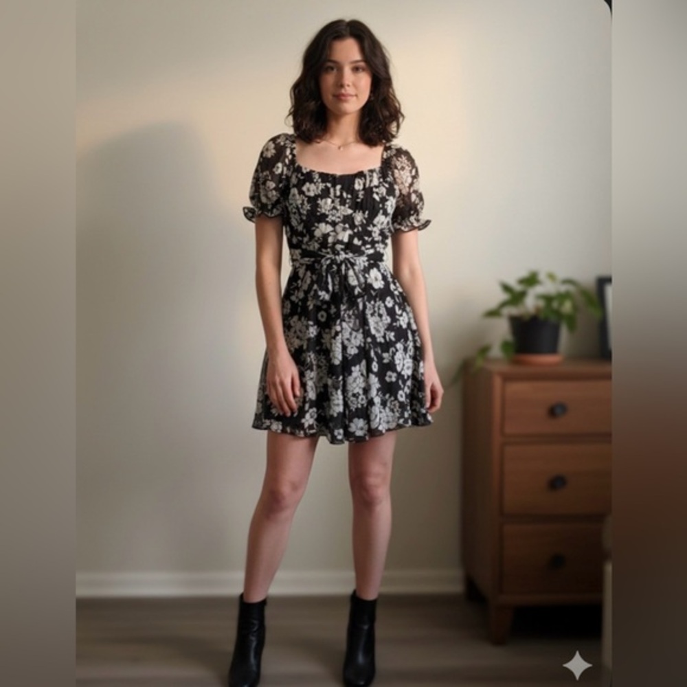 NWT Thirty Thirty Women’s Medium Black White Floral A-Line Mini Dress M